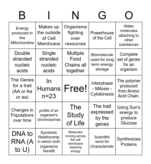 Biology EOC Review BINGO Card