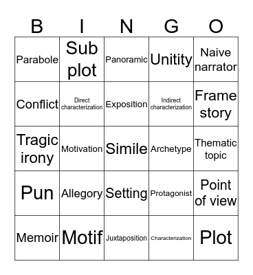 English 1201 short story Bingo Card