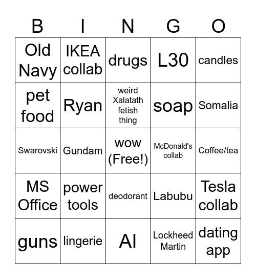 Next collab Bingo Card