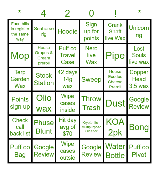 Prize Bingo Card