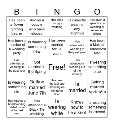 BRIDAL BINGO Card