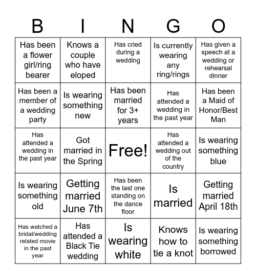 BRIDAL BINGO Card