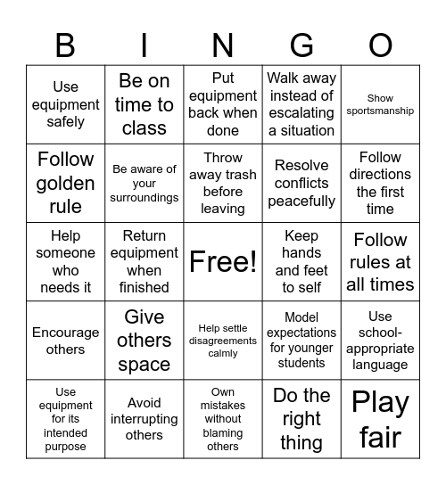 PBIS Outside / Bus Bingo Card