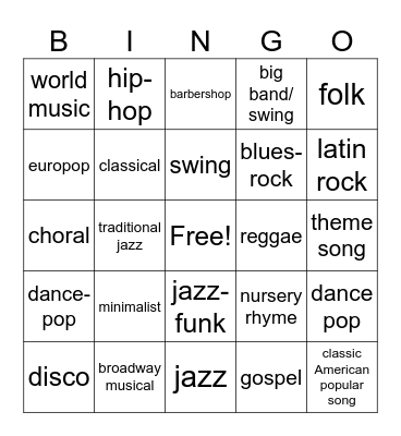 Music Genres Bingo Card