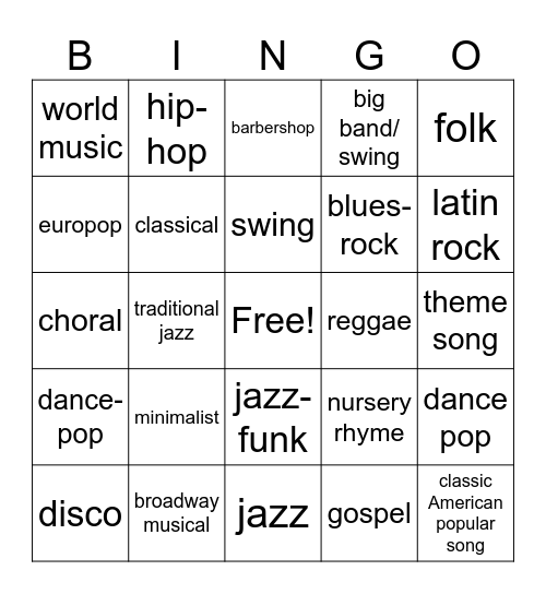 Music Genres Bingo Card