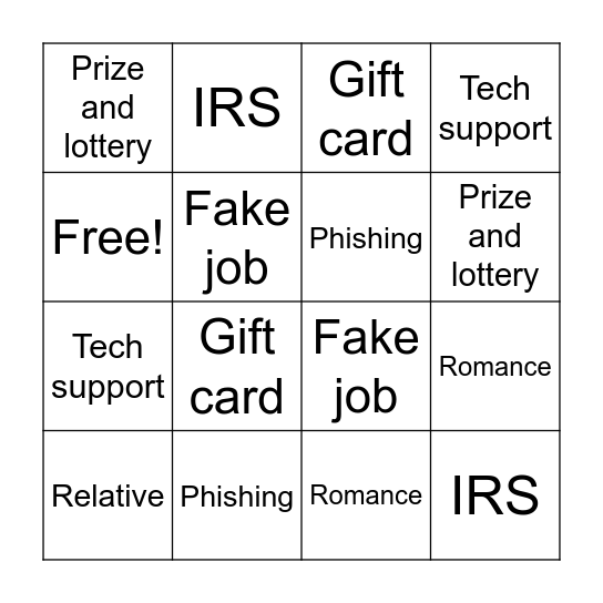 Common Scams Bingo Card