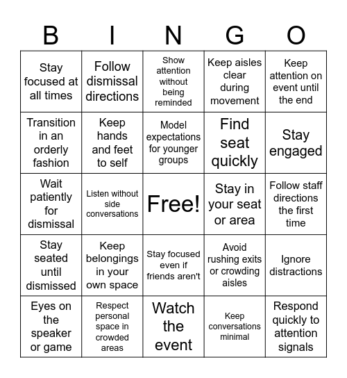PBIS Assemblies Bingo Card
