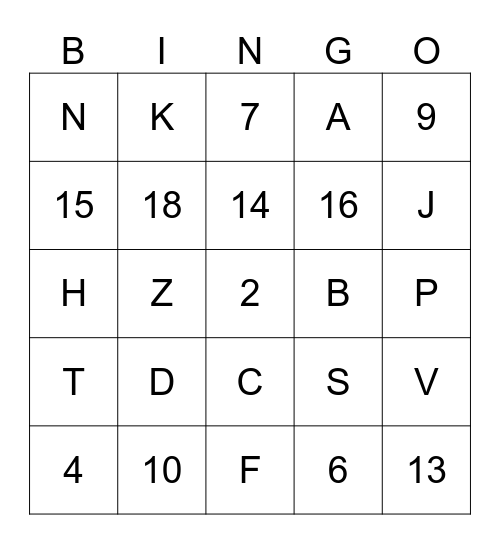 Numeros y Letras Bingo Card