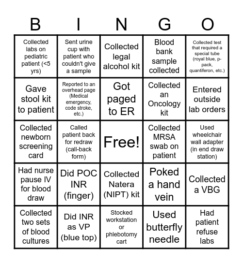 Phlebotomy Bingo (Lab Week) Bingo Card