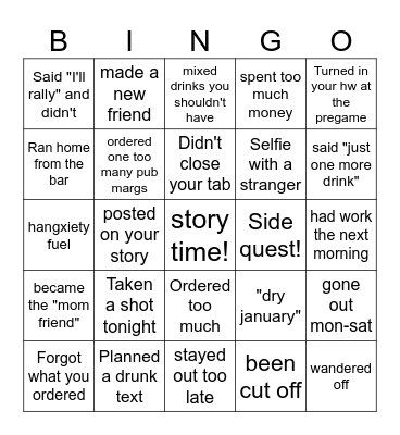 Chaos Bingo: night out Bingo Card