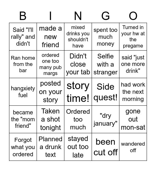 Chaos Bingo: night out Bingo Card