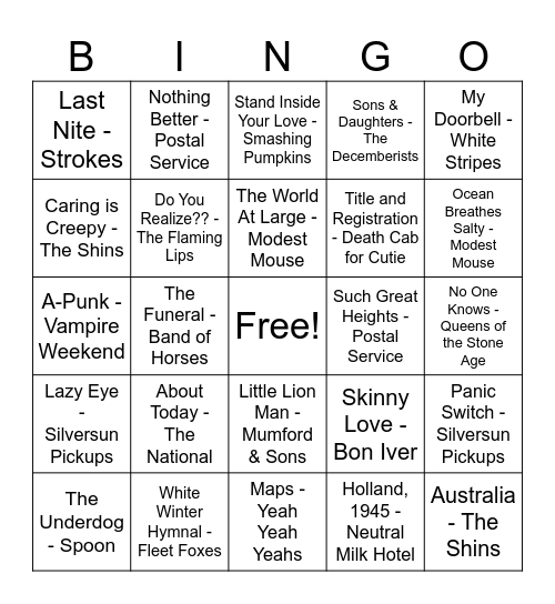 2000s Indie Bingo Card