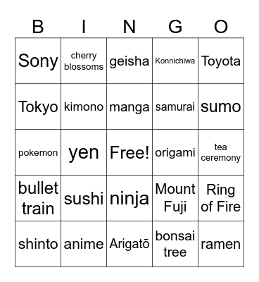 Japan Bingo Card