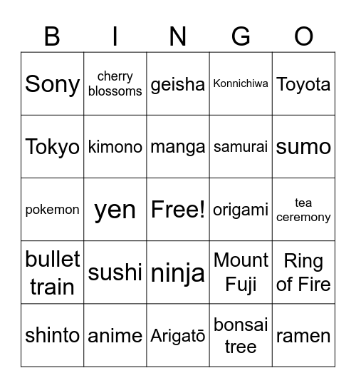 Japan Bingo Card