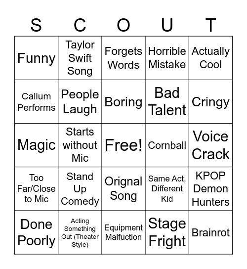 Talent Show Bingo Card