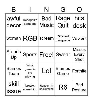 Gamer Rage 2.0 Bingo Card