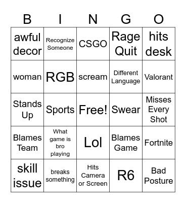 Gamer Rage 3.0 Bingo Card