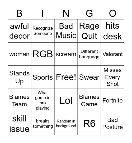 Gamer Rage 2.0 Bingo Card