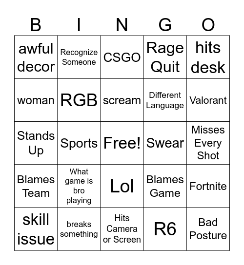 Gamer Rage 3.0 Bingo Card