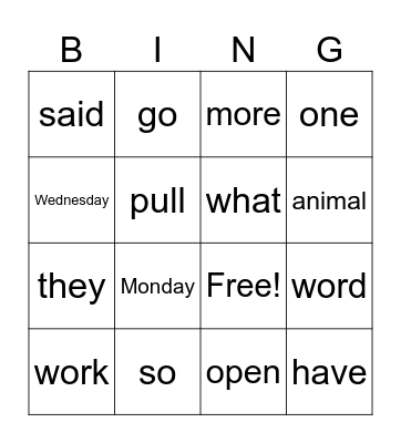 Heart Words Bingo Card
