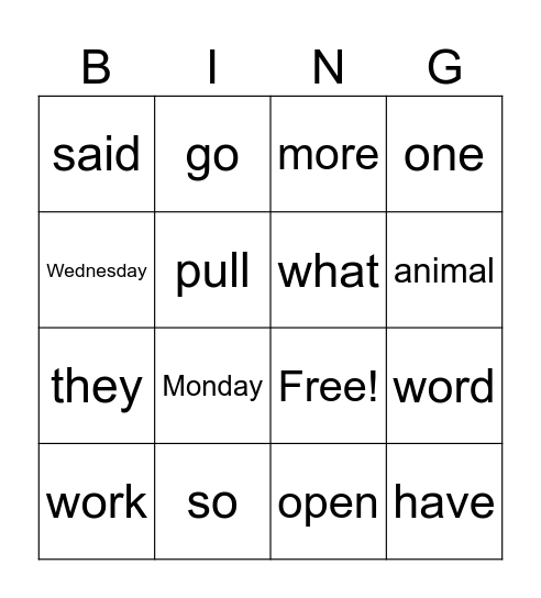 Heart Words Bingo Card