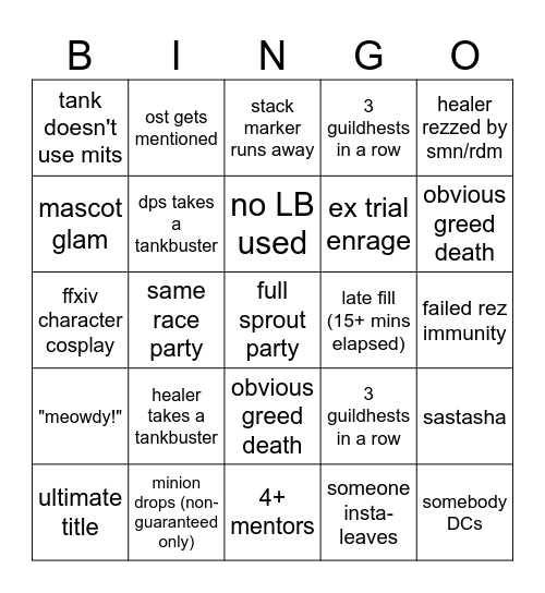 FFXIV Duty Roulette Bingo Card