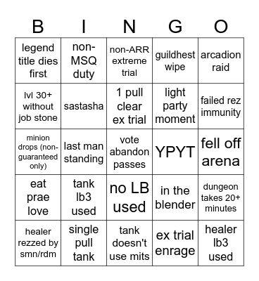 FFXIV Duty Roulette Bingo Card