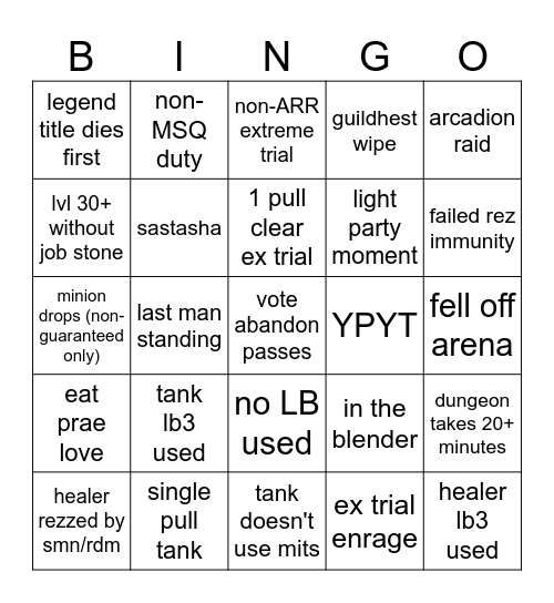 FFXIV Duty Roulette Bingo Card
