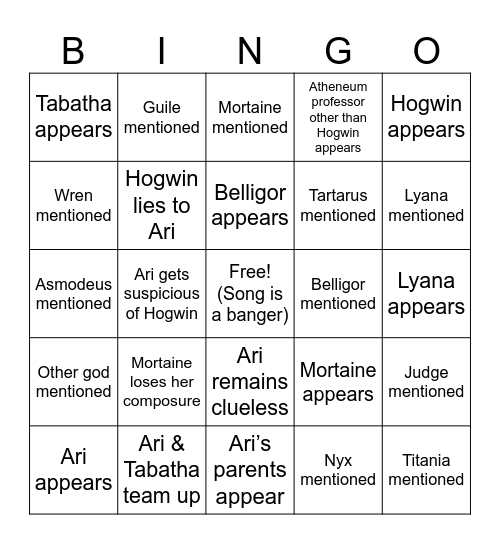 The Bardic Hearth S2E2 Bingo Card