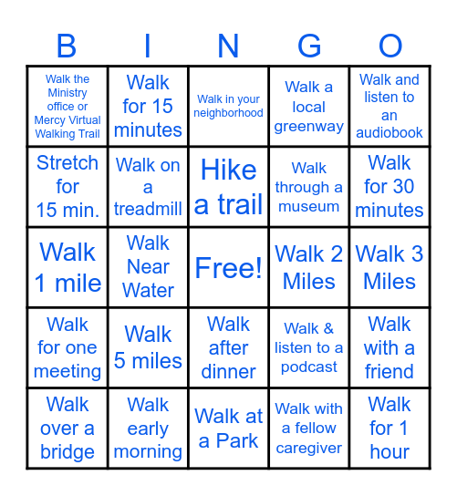 National Walking Day Challenge Bingo Card