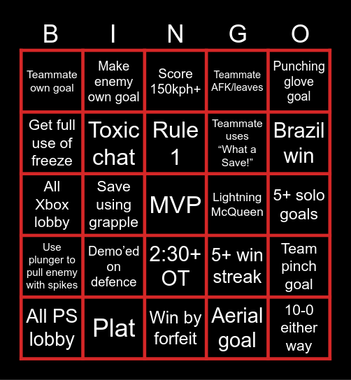 Rocket League Bingo Card