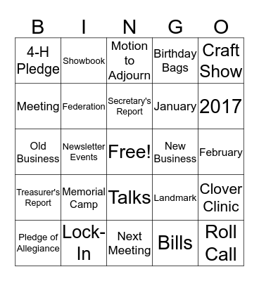 4-H Meeting Bingo Card