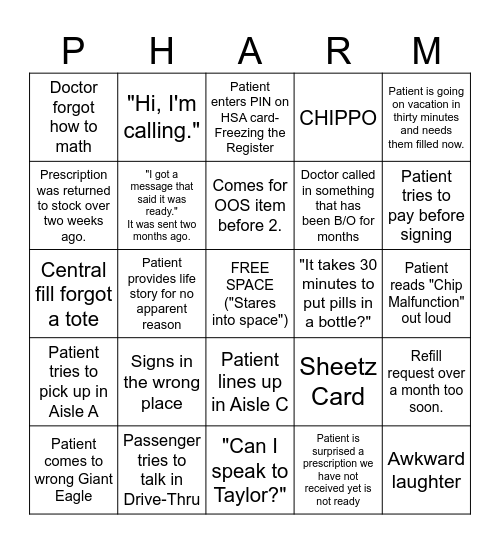 Pharmacy Bingo Card