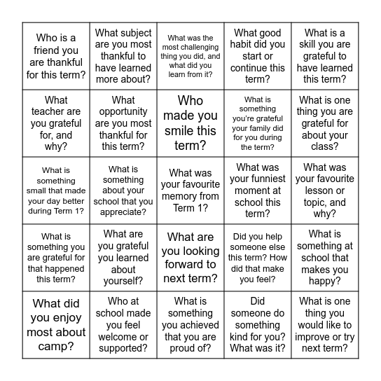 BMS Mentoring Program - Reflections Bingo Card