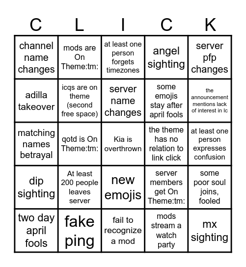 Link Click Server April Fools Bingo Card