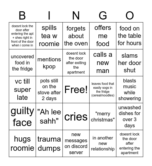 jenna's aptmate (carmen) bingo Card