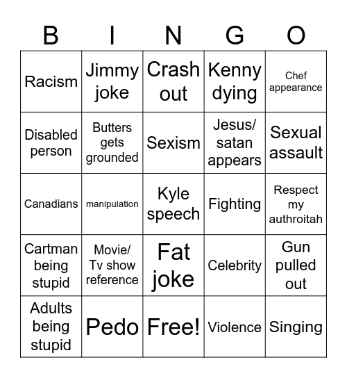 South Park Bingo Card