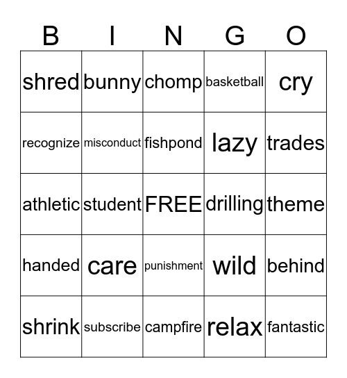 Real Words Bingo Card