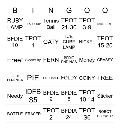 BFDI REACTIONS & PLUSHIES Bingo Card