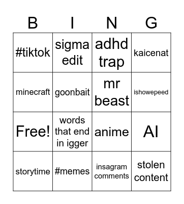 YT shorts bingo Card
