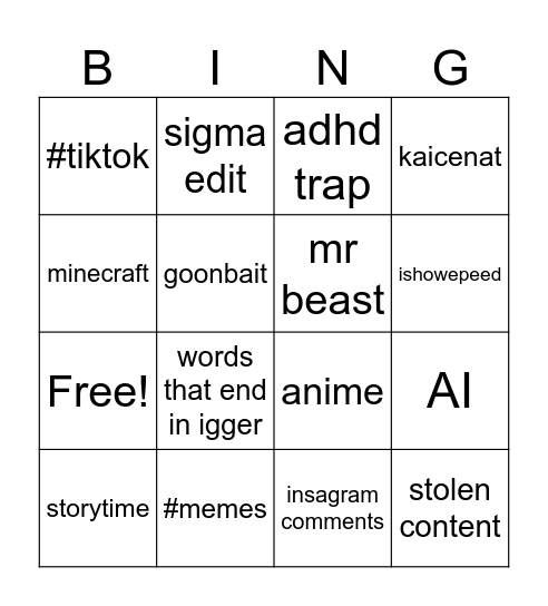YT shorts bingo Card