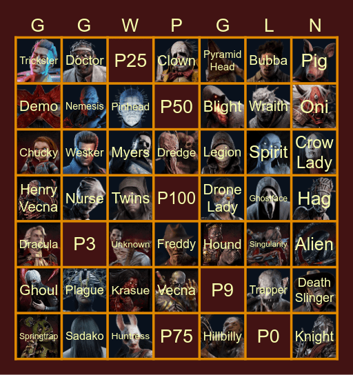 KiazRell's Twitch Stream Dead by Daylight All Killers (to HenryVecna) 7x7 Bingo Card
