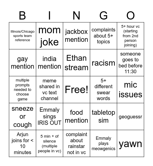 Rainstars Bingo Card