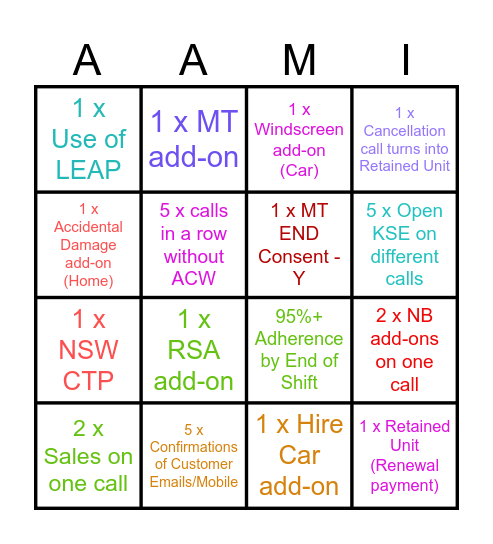 AAMI Vic Team 4 BINGO Card