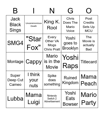 Mario Movie Bingo Card