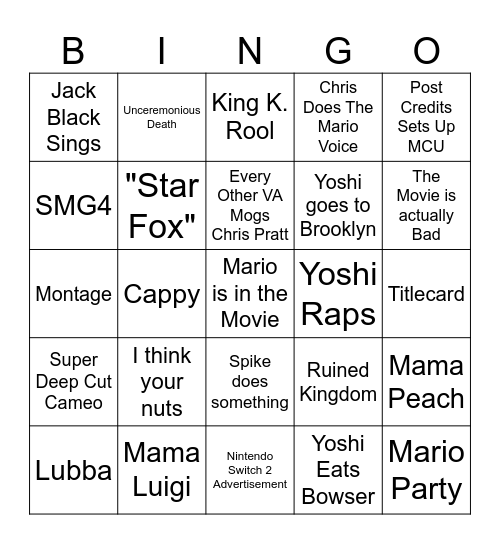Mario Movie Bingo Card