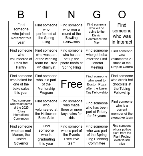 Rotaract Year-End Bingo Card