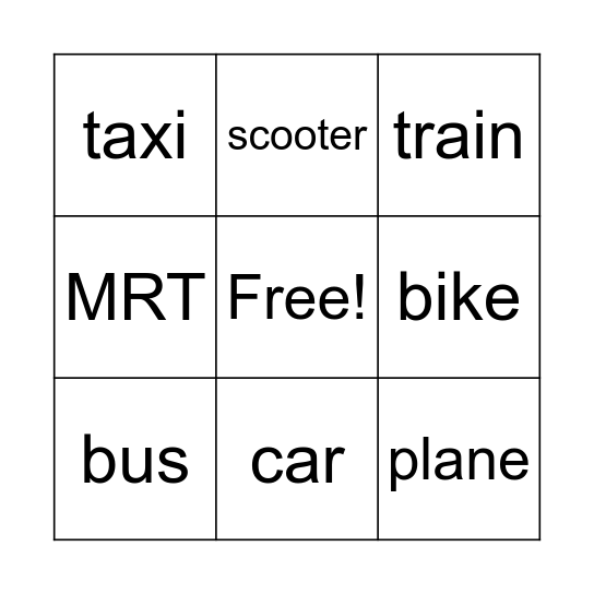 Transportation Bingo Card