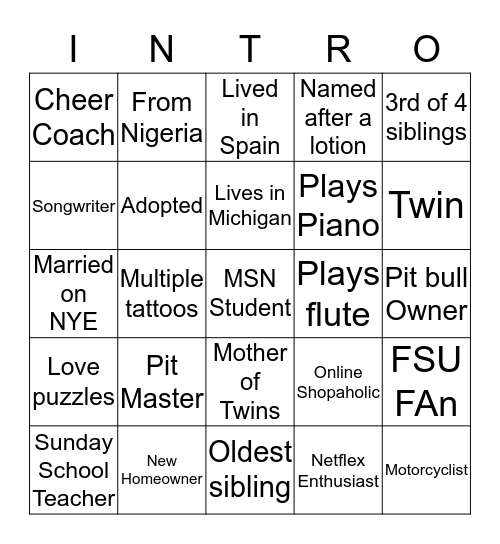 Introduction Bingo Card