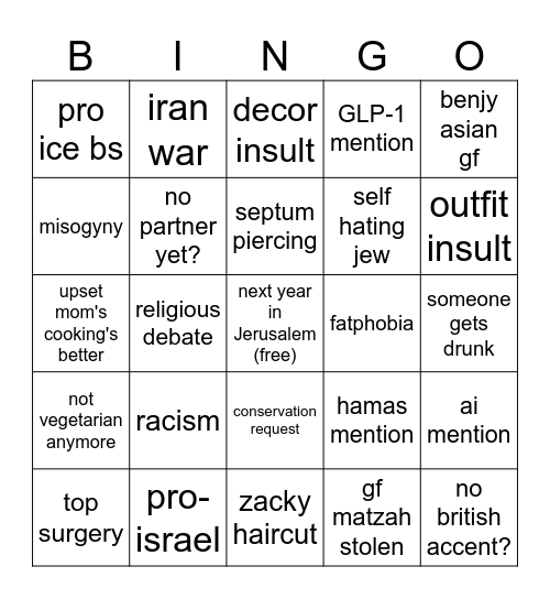 seder bullshit Bingo Card
